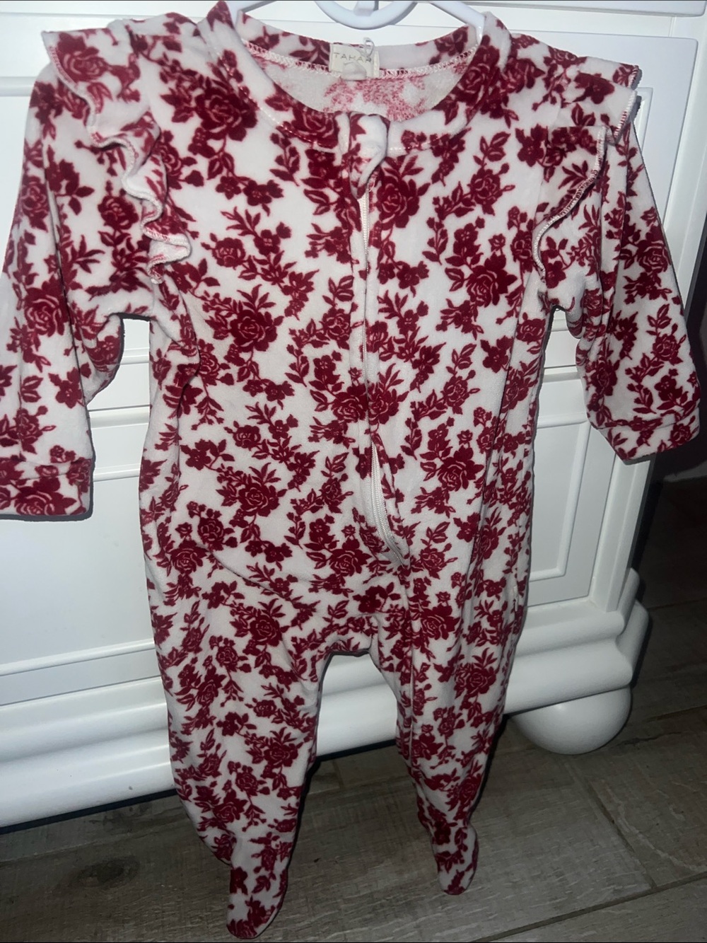Tahari 3-6M Velvety soft Plush Floral Footed One-Piece -White & Burgundy